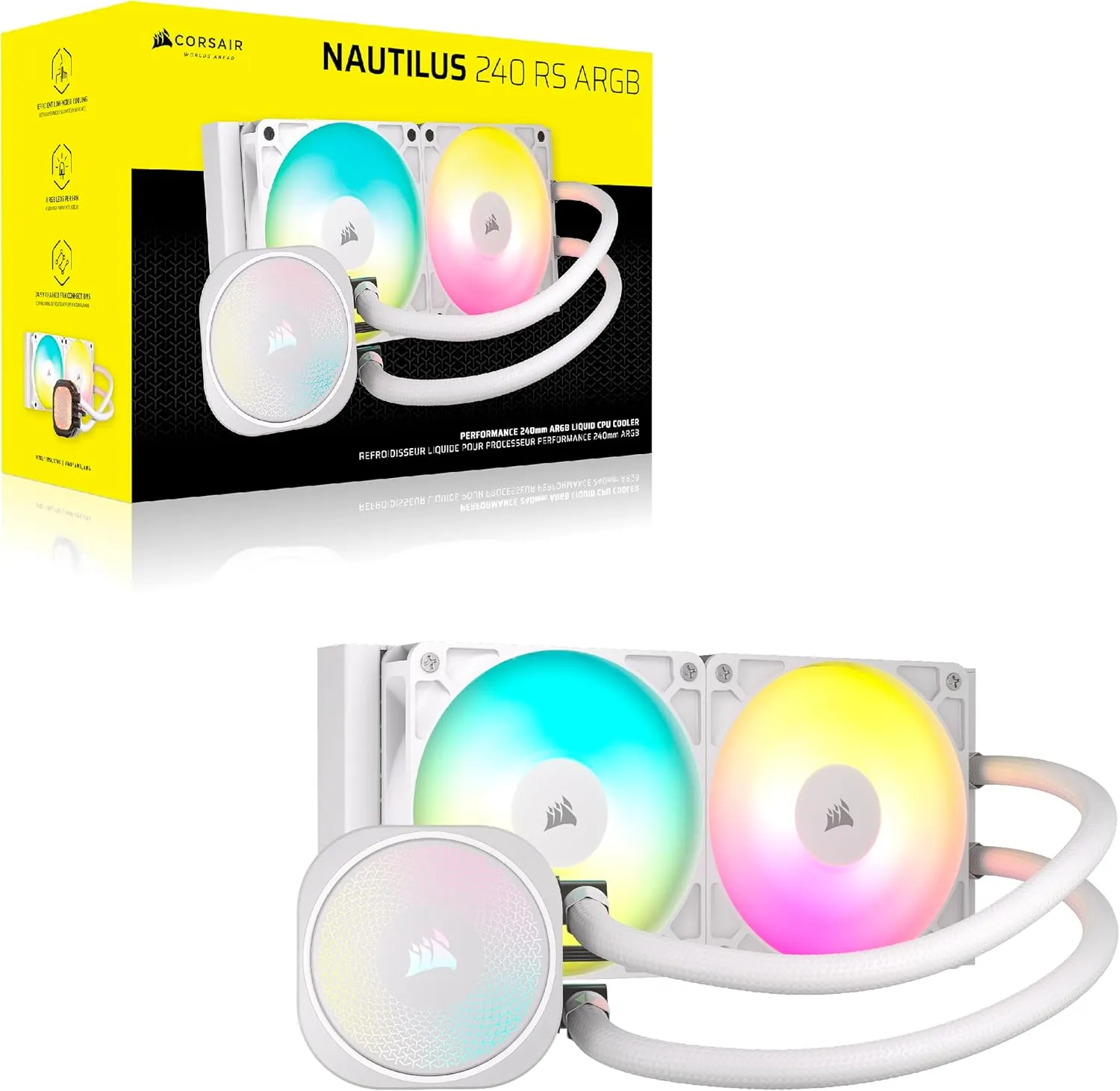 CORSAIR Nautilus 240 RS ARGB Liquid CPU Cooler – 240mm AIO – Low-Noise – Direct Motherboard Connection – Daisy-Chain – Intel LGA 1851/1700, AMD AM5/AM4 – 2X RS120 ARGB Fans Included – White
