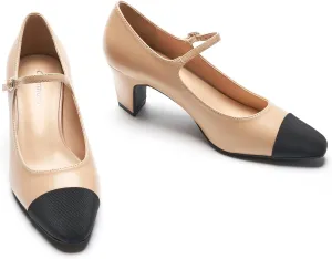 C.Paravano Mary Jane Pumps Women's Pumps Two Tone Almond Toe Block Heels Adjustable Strap Casual Pump Shoes (Beige,9.5)