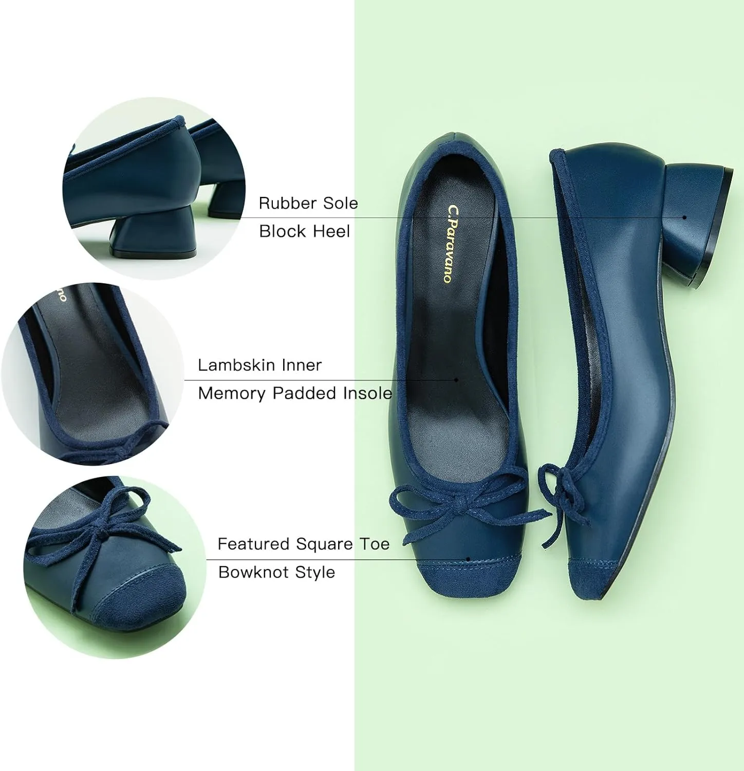C.Paravano Women's Pump | Square Toe Low Block Heels | Closed Toe Chunky Heels | Leather Low Heel Pumps | Dress Wedding Shoes
