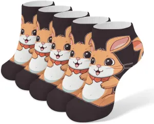 Cute Cartoon Rabbit Ankle Socks for Men & Women, 5 Pairs Breathable Soft Low Cut Socks, Stretch Sweat Wicking Sox