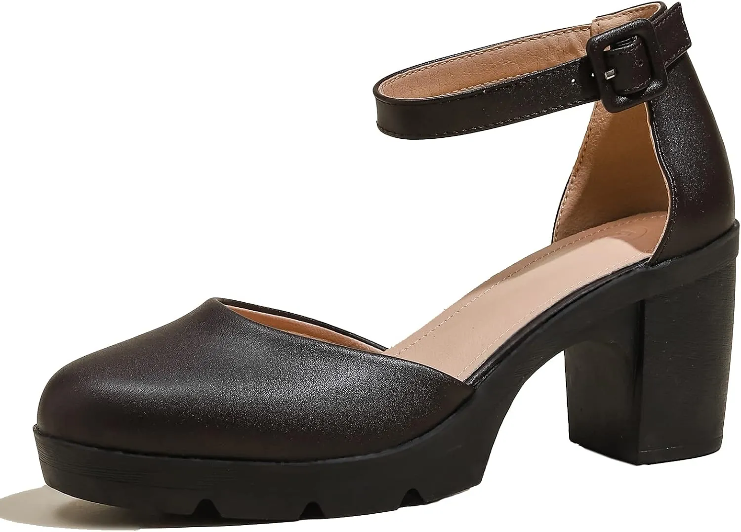 DADAWEN Women's Closed Toe Low Block Chunky Heels Round Toe Ankle Strap Wedding Work Dress Pump Shoes