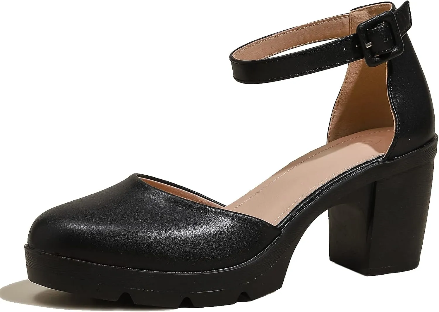 DADAWEN Women's Closed Toe Low Block Chunky Heels Round Toe Ankle Strap Wedding Work Dress Pump Shoes