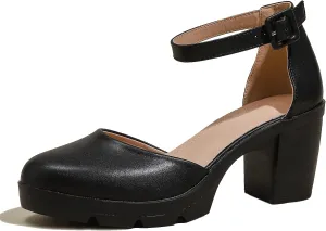 DADAWEN Women's Closed Toe Low Block Chunky Heels Round Toe Ankle Strap Wedding Work Dress Pump Shoes