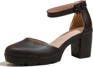 DADAWEN Women's Closed Toe Low Block Chunky Heels Round Toe Ankle Strap Wedding Work Dress Pump Shoes