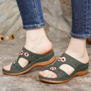 DOIX Comfy Arch Support Sandals Woman Orthopedic Flower Embroidered Slip on Mules Slippers Casual Hollow Out Wedge Sandals Summer Suede Beach Loafer Shoes,Green,US8/EU39