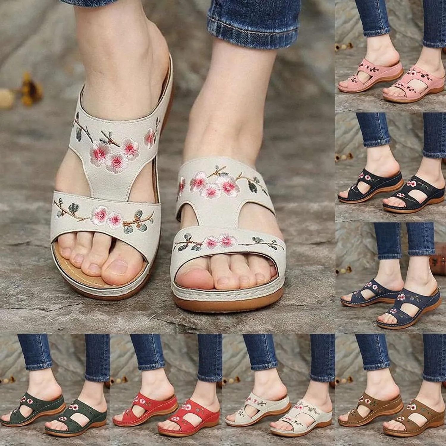 DOIX Comfy Arch Support Sandals Woman Orthopedic Flower Embroidered Slip on Mules Slippers Casual Hollow Out Wedge Sandals Summer Suede Beach Loafer Shoes,Green,US8/EU39