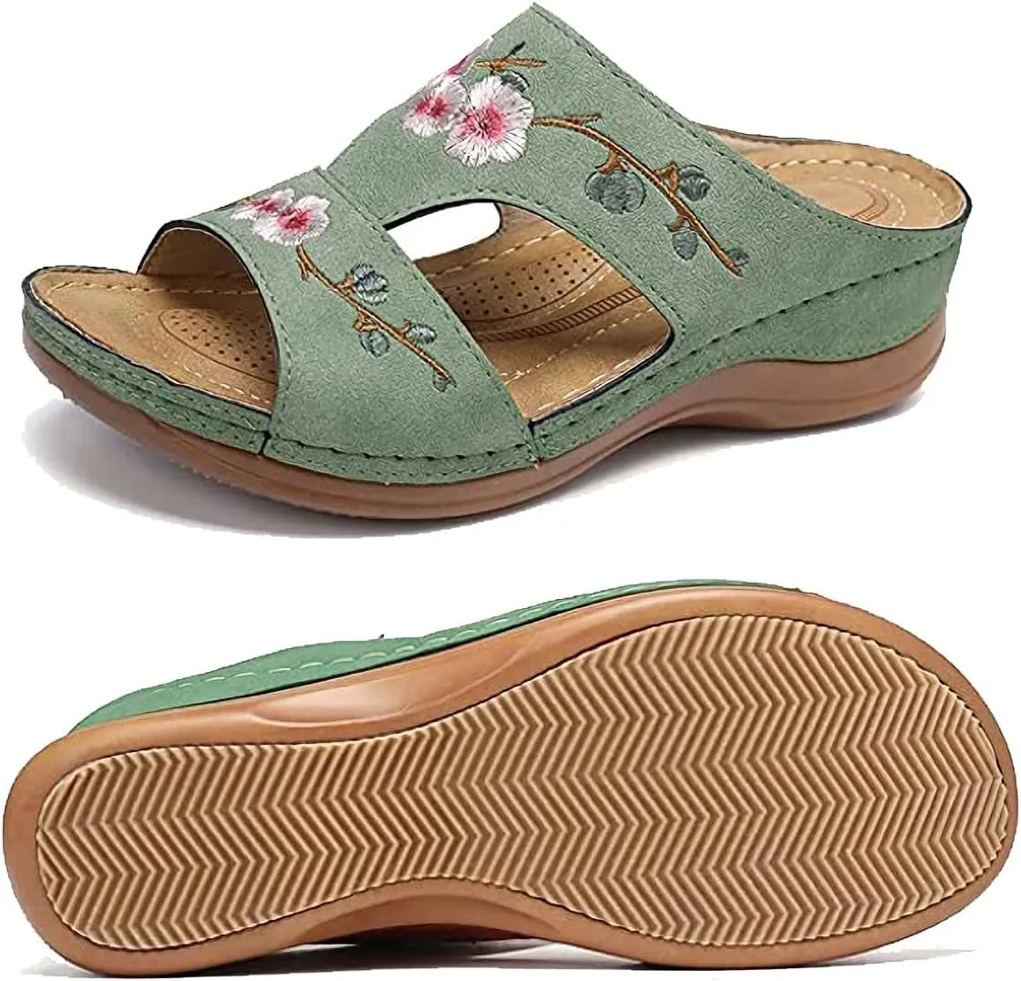 DOIX Comfy Arch Support Sandals Woman Orthopedic Flower Embroidered Slip on Mules Slippers Casual Hollow Out Wedge Sandals Summer Suede Beach Loafer Shoes,Green,US8/EU39