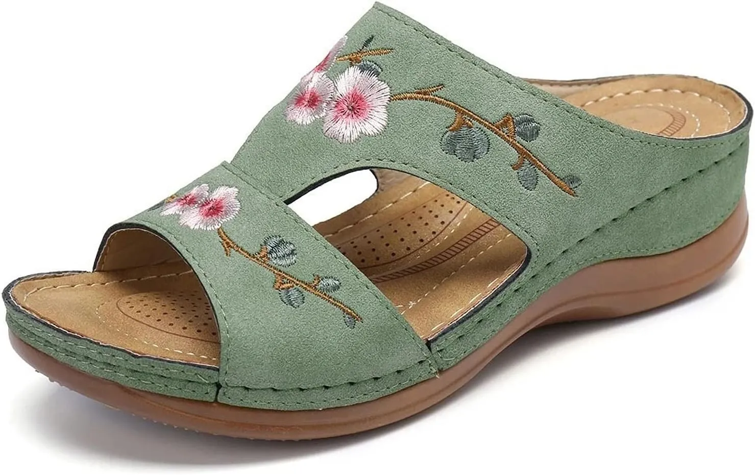 DOIX Comfy Arch Support Sandals Woman Orthopedic Flower Embroidered Slip on Mules Slippers Casual Hollow Out Wedge Sandals Summer Suede Beach Loafer Shoes,Green,US8/EU39