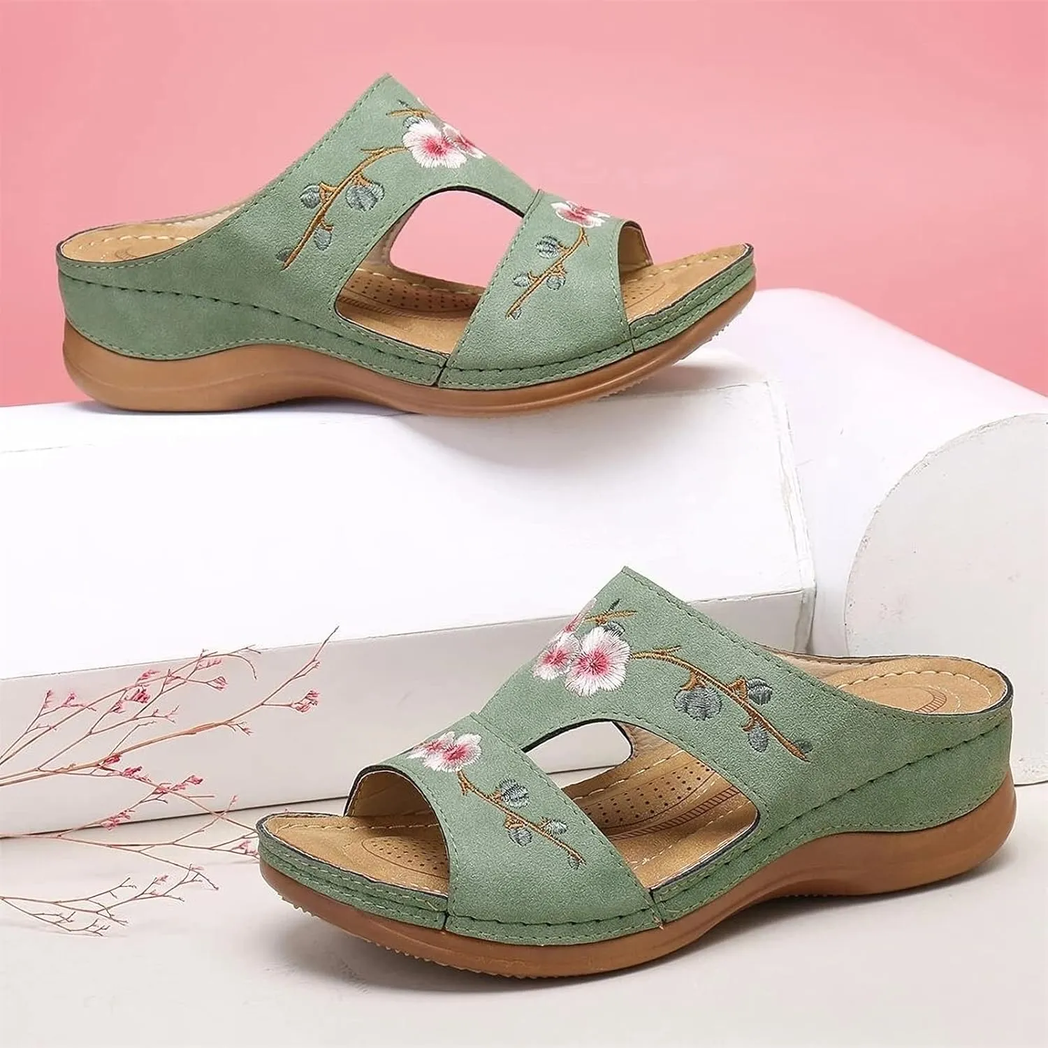 DOIX Comfy Arch Support Sandals Woman Orthopedic Flower Embroidered Slip on Mules Slippers Casual Hollow Out Wedge Sandals Summer Suede Beach Loafer Shoes,Green,US8/EU39