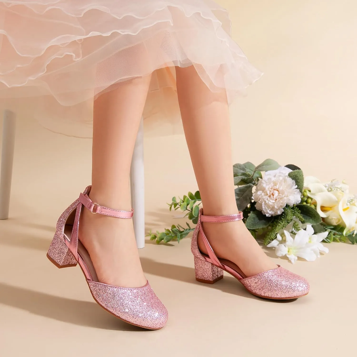 DREAM PAIRS Girls Dress Shoes Closed Toe High Heels Ankle Strap Toddler Little Big Kid Wedding Flower Party Pump