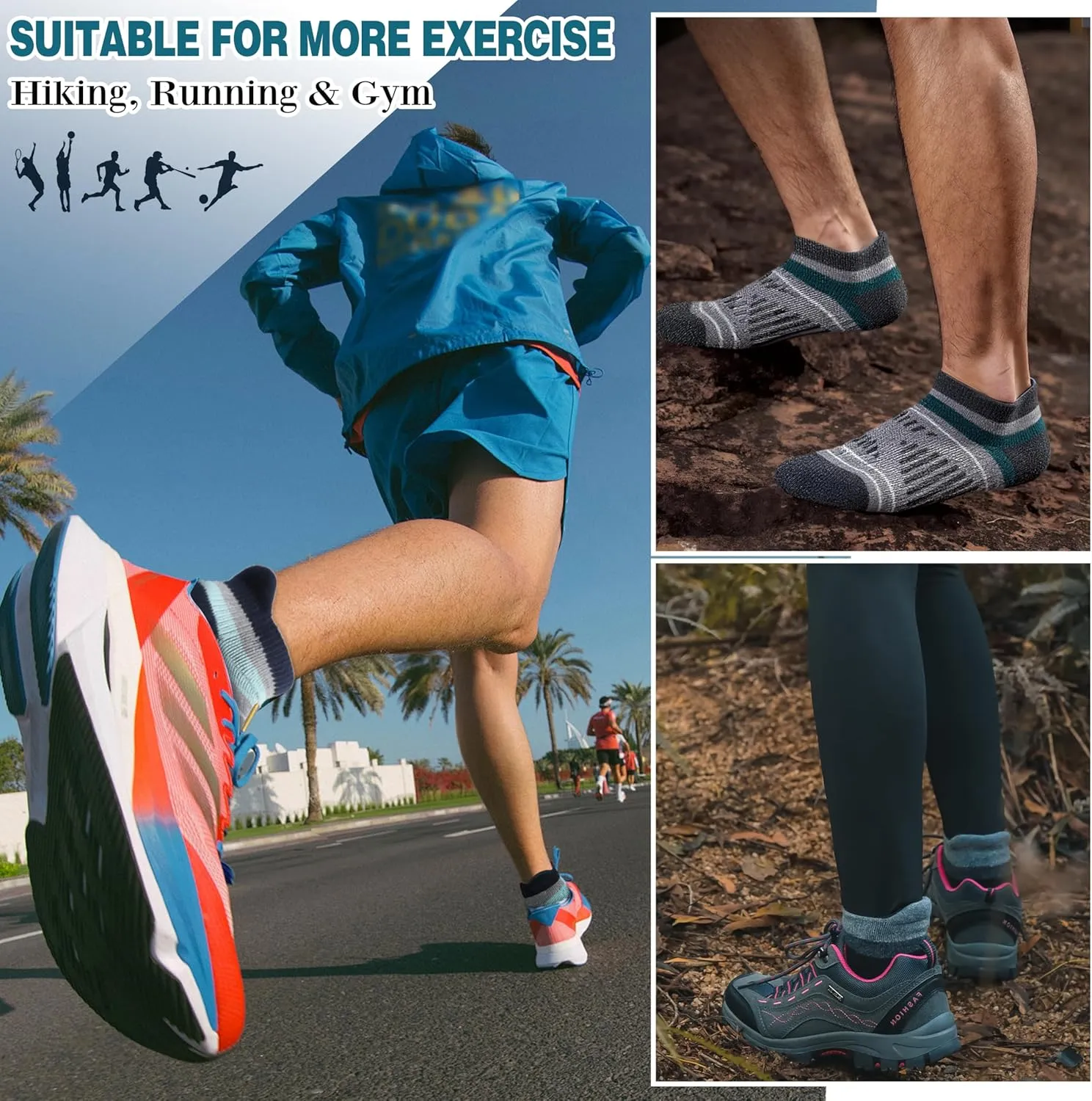 EBMORE 6 Pairs Merino Wool Ankle Hiking Running Socks Compression Support Thick Cushion No Show Socks for Men Women