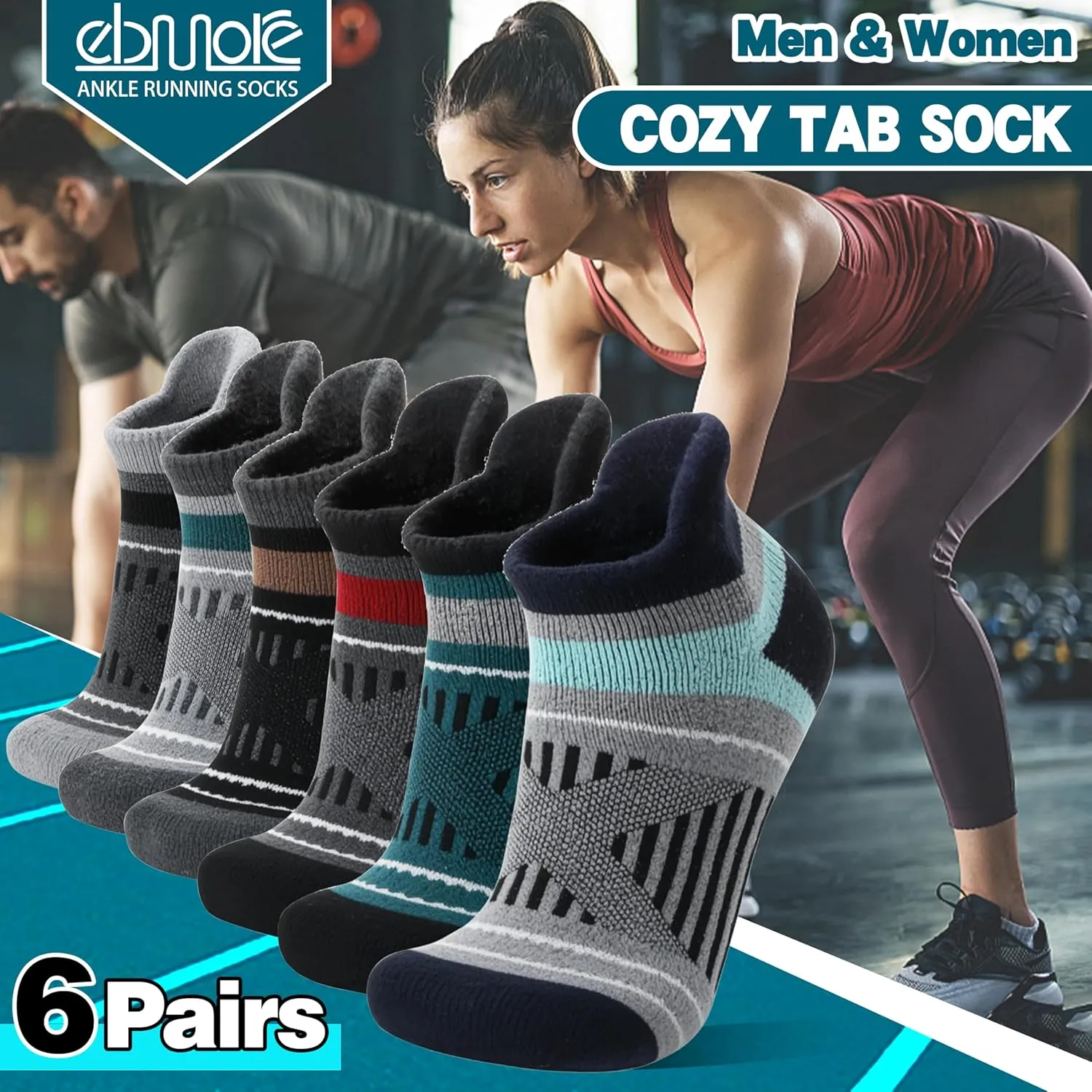 EBMORE 6 Pairs Merino Wool Ankle Hiking Running Socks Compression Support Thick Cushion No Show Socks for Men Women