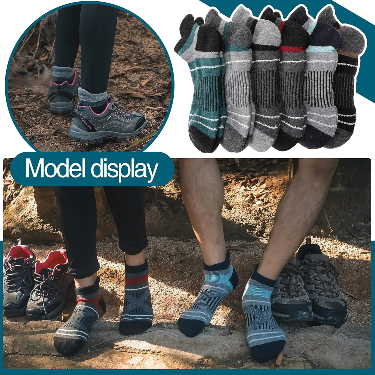EBMORE 6 Pairs Merino Wool Ankle Hiking Running Socks Compression Support Thick Cushion No Show Socks for Men Women