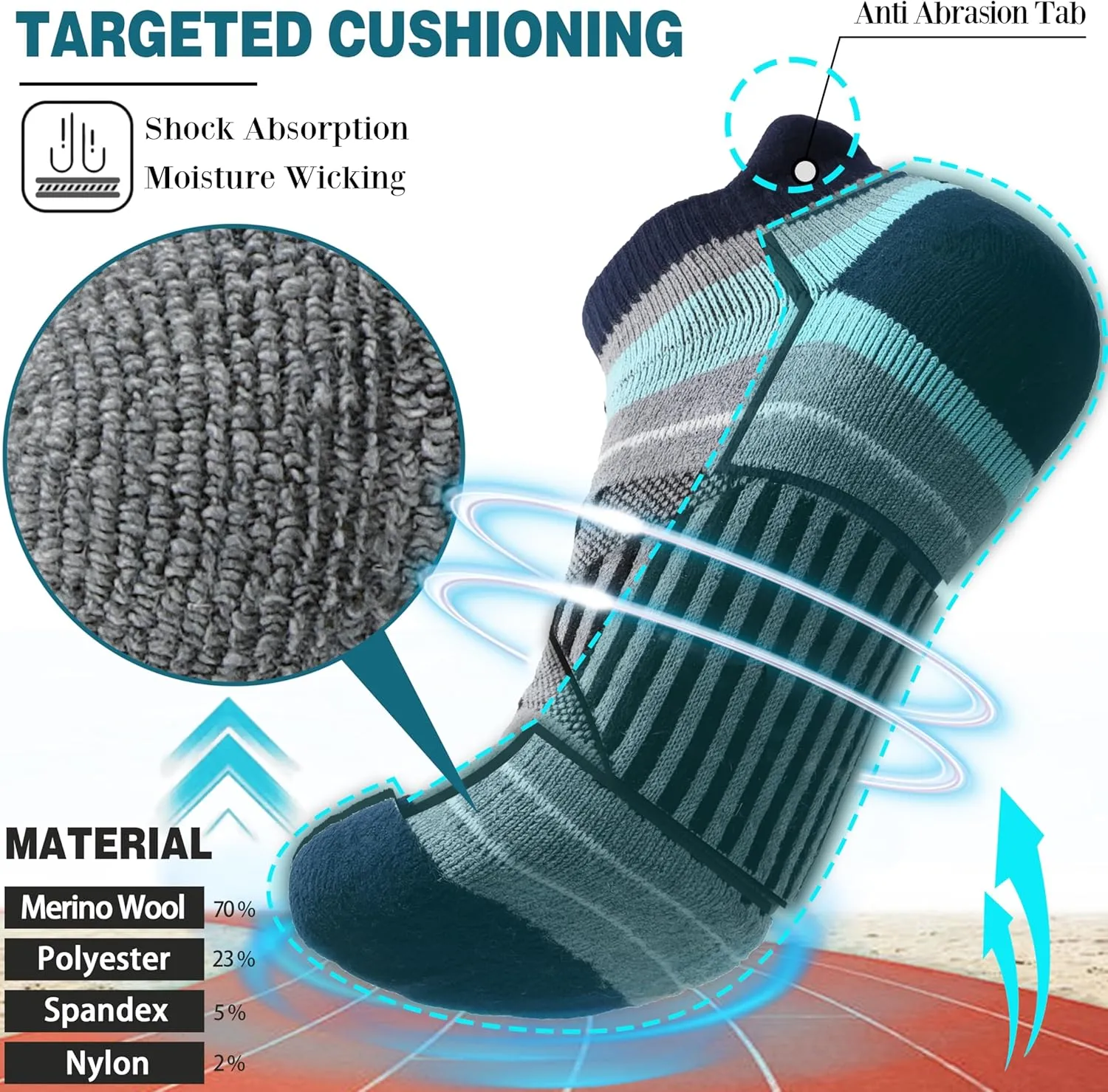 EBMORE 6 Pairs Merino Wool Ankle Hiking Running Socks Compression Support Thick Cushion No Show Socks for Men Women
