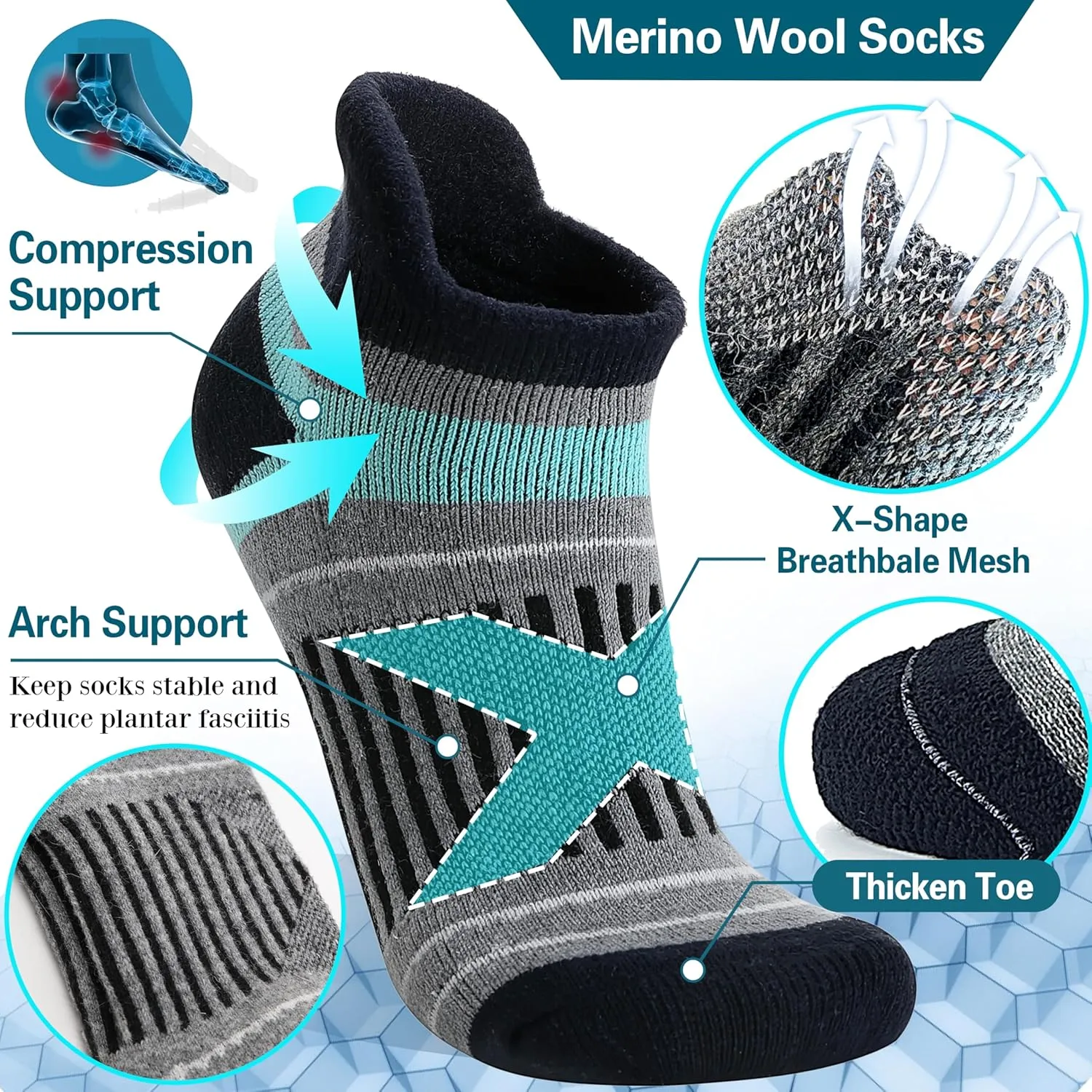 EBMORE 6 Pairs Merino Wool Ankle Hiking Running Socks Compression Support Thick Cushion No Show Socks for Men Women