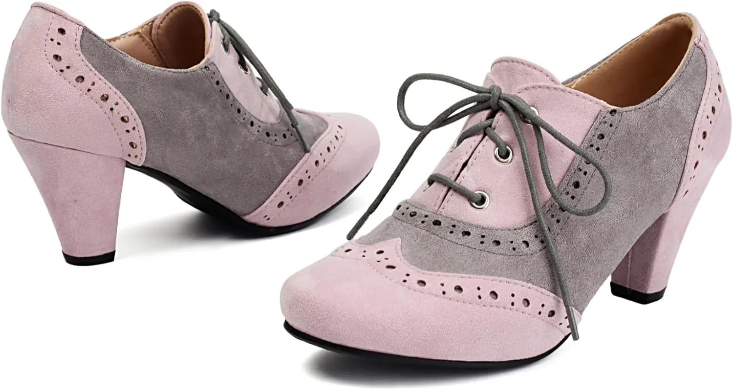 Elerhythm Women's Mary Jane 1920s Pump Heels Oxford Classic and Retro Lace Up Wingtip 1950s Vintage Round Closed Toe 1940s Shoes