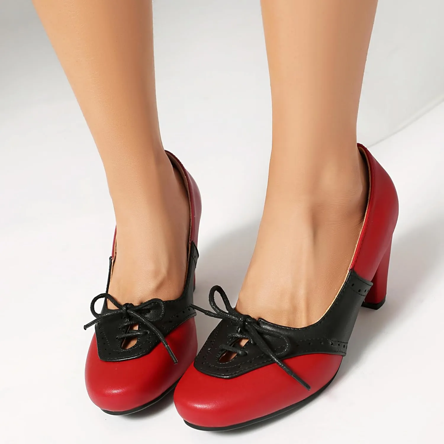 Elerhythm Women's Mary Jane 1920s Pump Heels Two Tones Classic and Retro Lace Up Wingtip 1950s Vintage Round Closed Toe 1940s Shoes