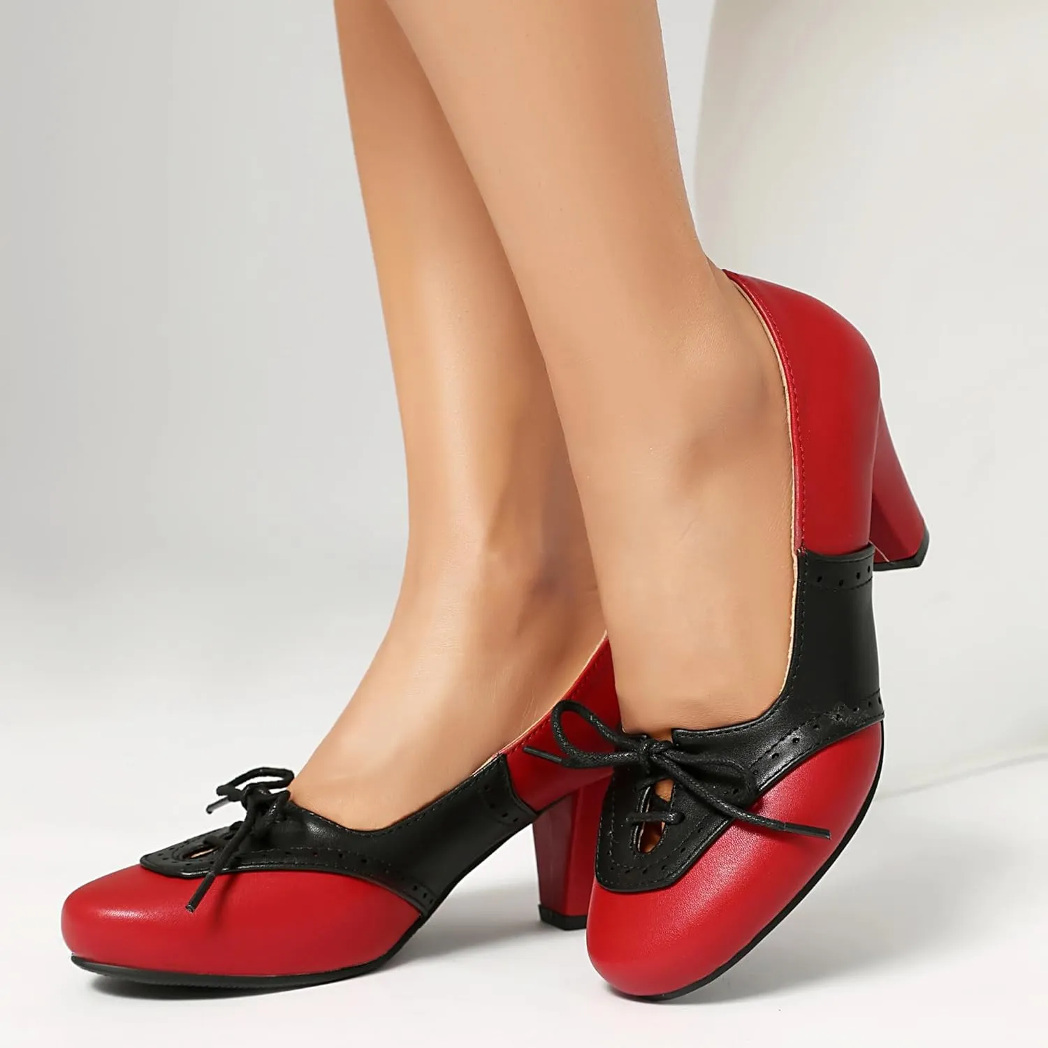 Elerhythm Women's Mary Jane 1920s Pump Heels Two Tones Classic and Retro Lace Up Wingtip 1950s Vintage Round Closed Toe 1940s Shoes