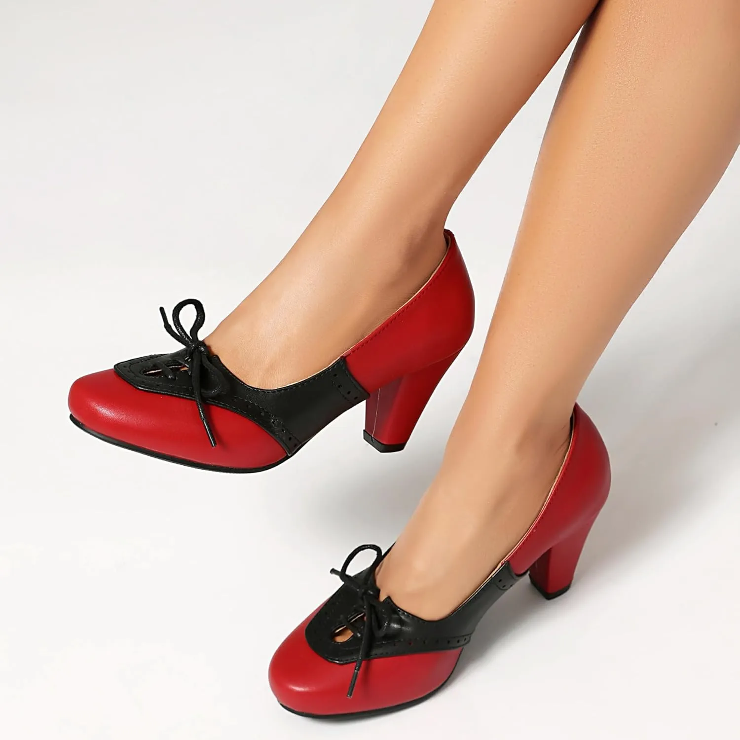 Elerhythm Women's Mary Jane 1920s Pump Heels Two Tones Classic and Retro Lace Up Wingtip 1950s Vintage Round Closed Toe 1940s Shoes