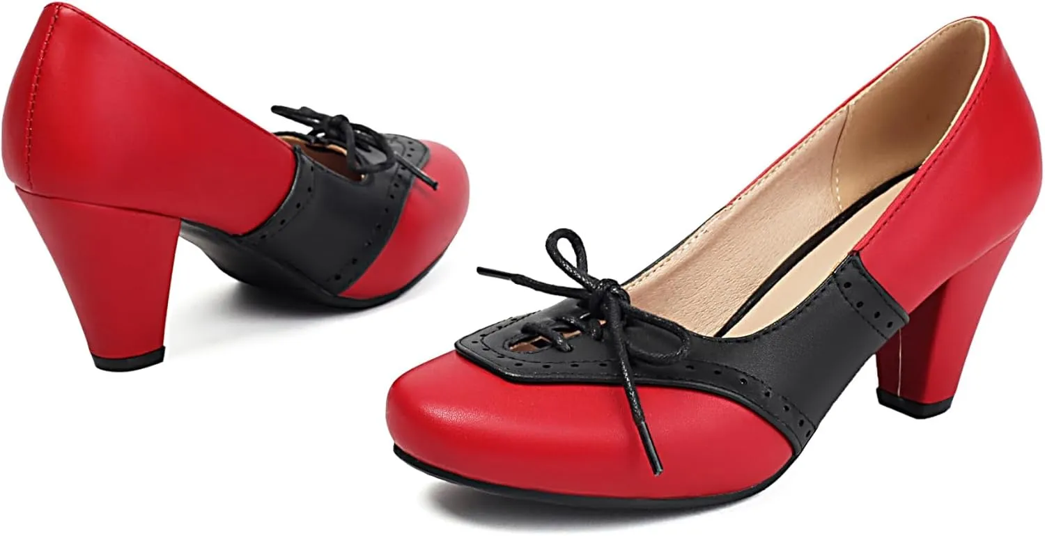 Elerhythm Women's Mary Jane 1920s Pump Heels Two Tones Classic and Retro Lace Up Wingtip 1950s Vintage Round Closed Toe 1940s Shoes