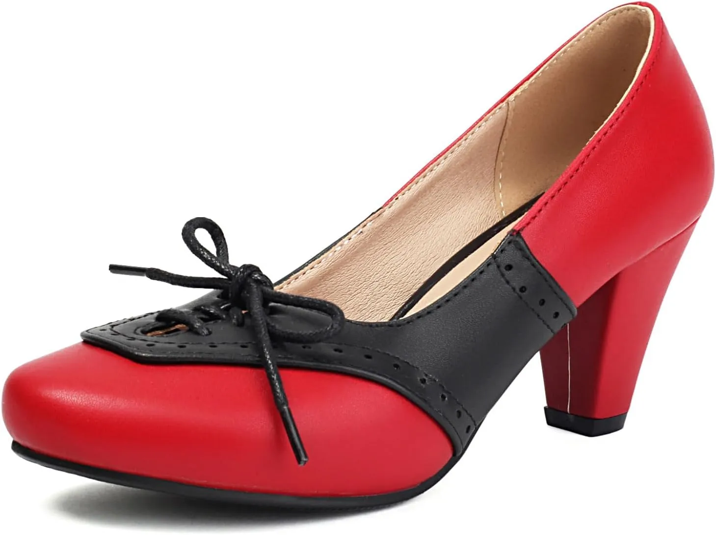 Elerhythm Women's Mary Jane 1920s Pump Heels Two Tones Classic and Retro Lace Up Wingtip 1950s Vintage Round Closed Toe 1940s Shoes
