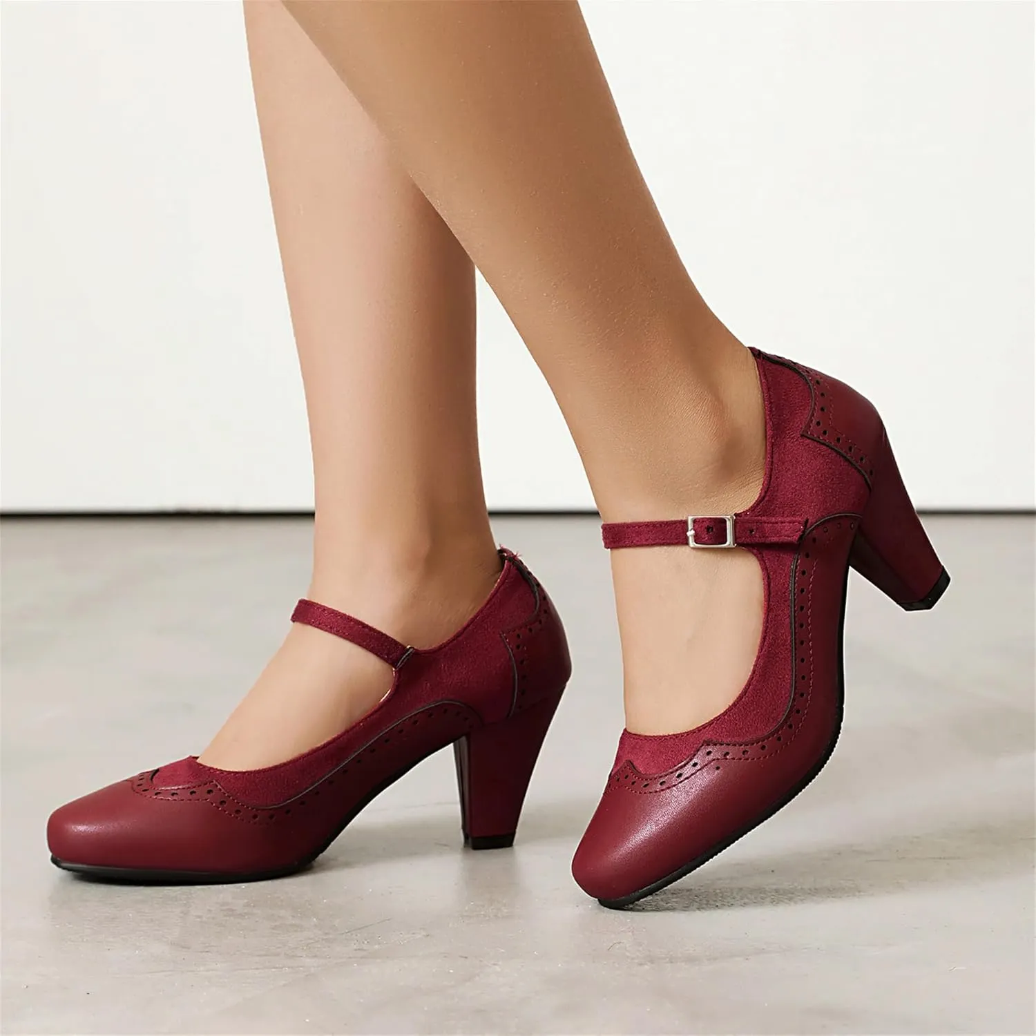 Elerhythm Women's Mary Jane Classic and Retro 1920s Pump Heels Gatsby Oxford Pattern 1950s Pinup Vintage Round Closed Toe 1940s Ankle Strap Dress Shoes