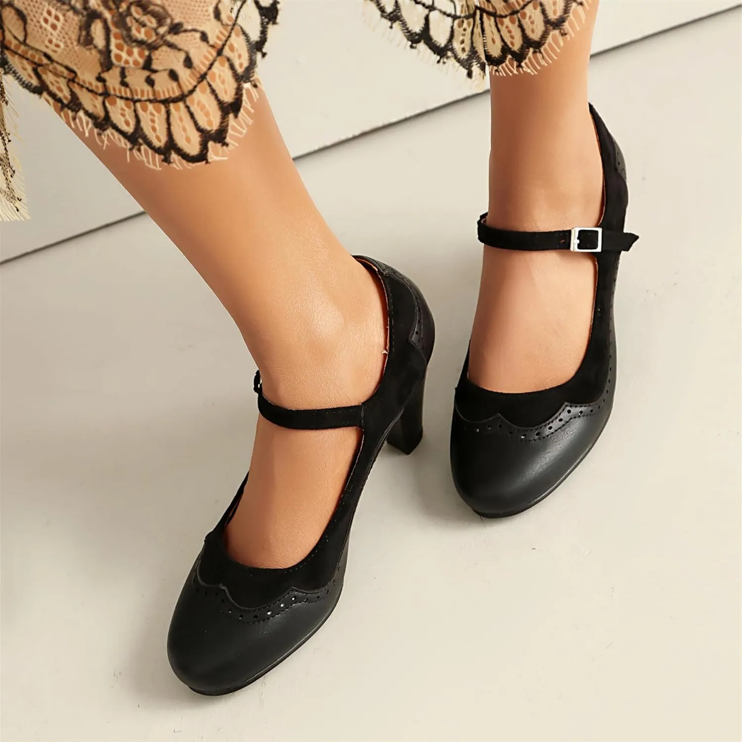 Elerhythm Women's Mary Jane Classic and Retro 1920s Pump Heels Gatsby Oxford Pattern 1950s Pinup Vintage Round Closed Toe 1940s Ankle Strap Dress Shoes