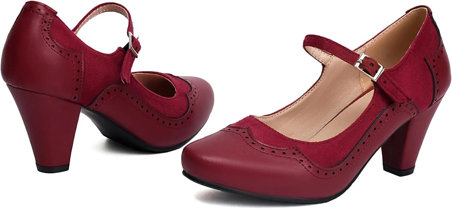 Elerhythm Women's Mary Jane Classic and Retro 1920s Pump Heels Gatsby Oxford Pattern 1950s Pinup Vintage Round Closed Toe 1940s Ankle Strap Dress Shoes