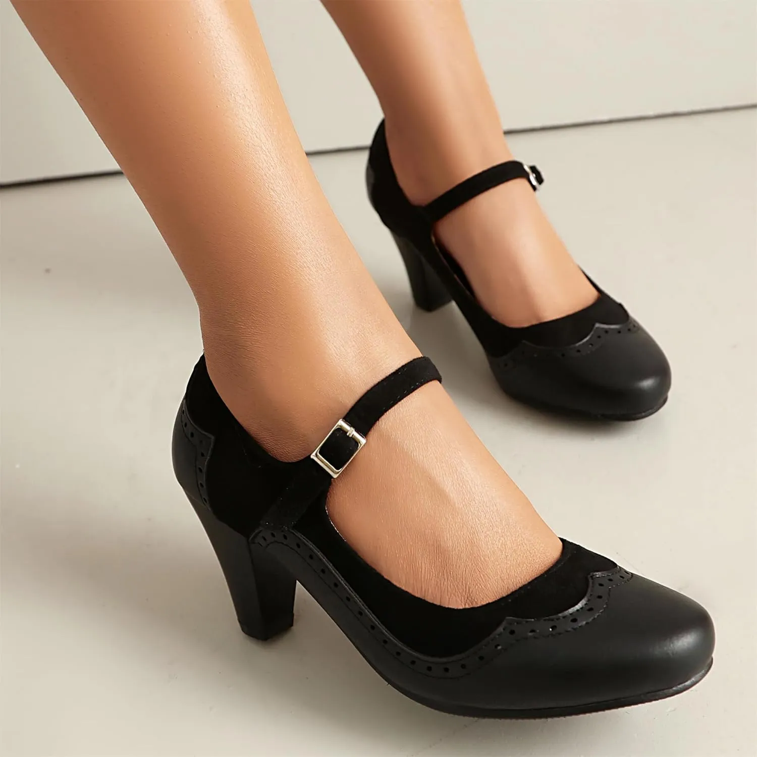 Elerhythm Women's Mary Jane Classic and Retro 1920s Pump Heels Gatsby Oxford Pattern 1950s Pinup Vintage Round Closed Toe 1940s Ankle Strap Dress Shoes