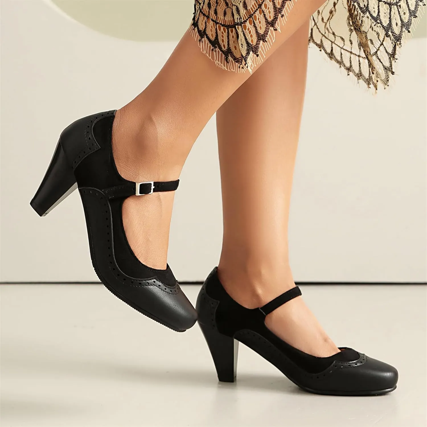 Elerhythm Women's Mary Jane Classic and Retro 1920s Pump Heels Gatsby Oxford Pattern 1950s Pinup Vintage Round Closed Toe 1940s Ankle Strap Dress Shoes