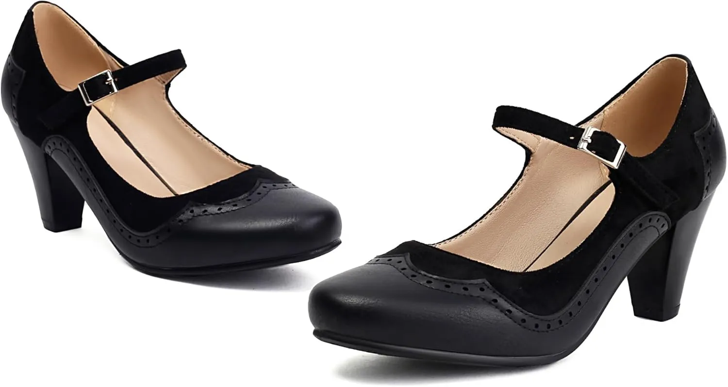 Elerhythm Women's Mary Jane Classic and Retro 1920s Pump Heels Gatsby Oxford Pattern 1950s Pinup Vintage Round Closed Toe 1940s Ankle Strap Dress Shoes