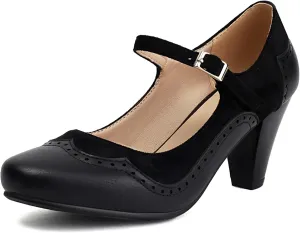 Elerhythm Women's Mary Jane Classic and Retro 1920s Pump Heels Gatsby Oxford Pattern 1950s Pinup Vintage Round Closed Toe 1940s Ankle Strap Dress Shoes