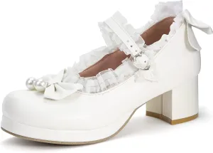 Elerhythm Women's Mary Jane Platform Chunky Block Heels Cute Cosplay Kawaii Bow Lace Dresses Cross-Tied Round Toe Ankle Strap Shoes