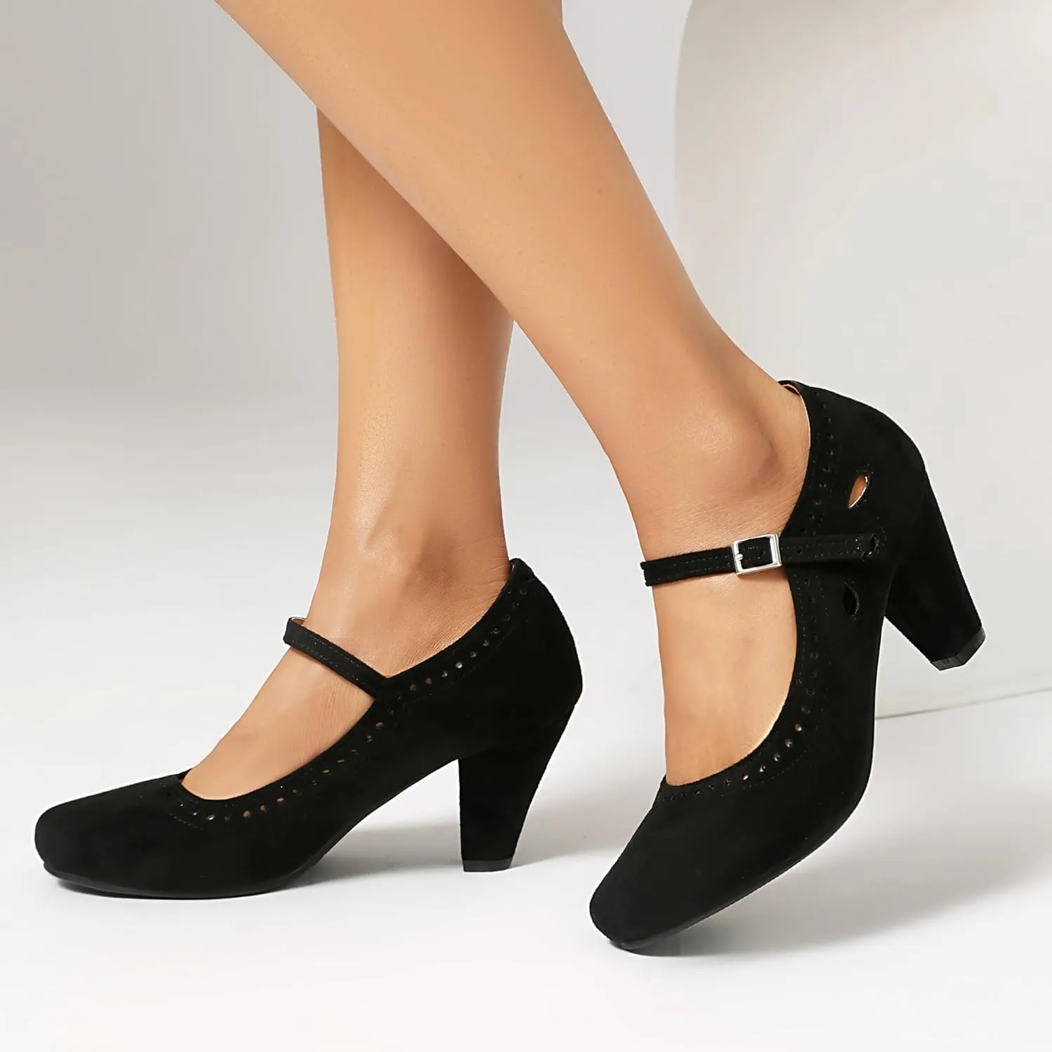Elerhythm Women's Mary Jane Teardrop Cutout Classic and Retro 1920s Pump Heels 1950s Vintage Round Closed Toe 1940s Ankle Strap Dress Shoes