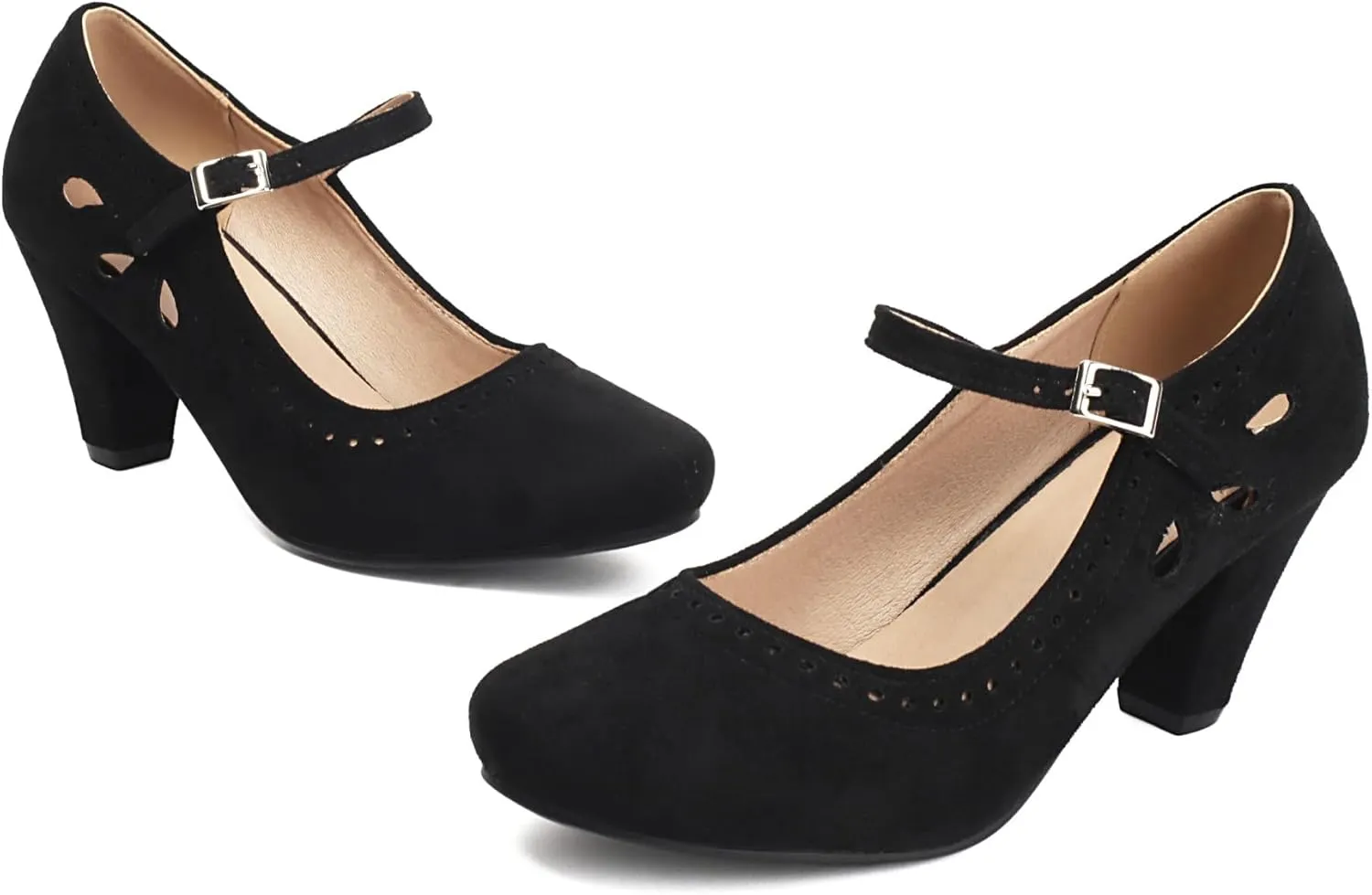 Elerhythm Women's Mary Jane Teardrop Cutout Classic and Retro 1920s Pump Heels 1950s Vintage Round Closed Toe 1940s Ankle Strap Dress Shoes