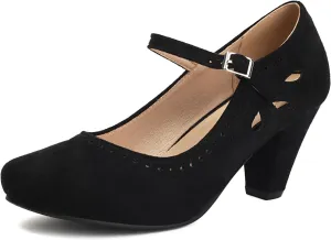 Elerhythm Women's Mary Jane Teardrop Cutout Classic and Retro 1920s Pump Heels 1950s Vintage Round Closed Toe 1940s Ankle Strap Dress Shoes
