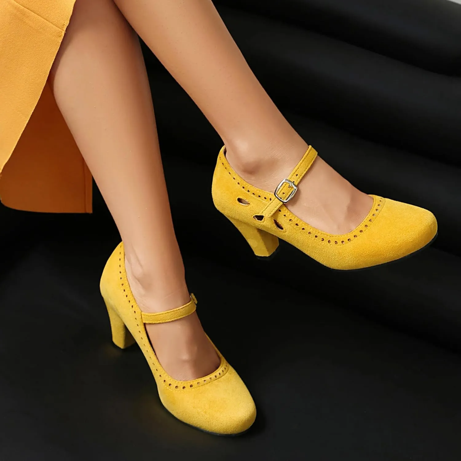 Elerhythm Women's Mary Jane Teardrop Cutout Classic and Retro 1920s Pump Heels 1950s Vintage Round Closed Toe 1940s Ankle Strap Dress Shoes