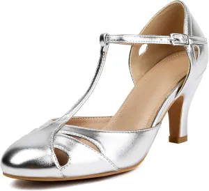 Elerhythm Women's Mary Jane Vintage Ankle Strap Closed Round Toe Gatsby Heels Retro 1950s Pumps 1920s Victorian Shoes