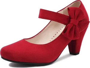 Elerhythm Women's Mary Jane Vintage Heels with Bow 1950s Pumps Closed Toe 1920s Victorian Sweet Ankle Strap Faux Suede Elegant Comfortable Formal Dressy Ladies Shoes