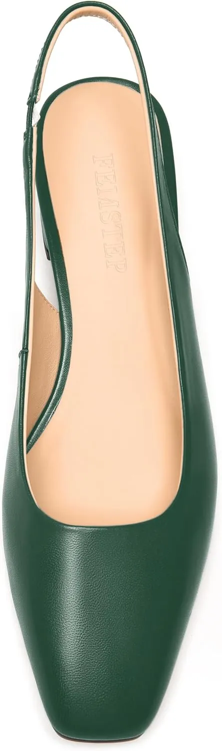 FEMSTEP Womens Square Toe Slingback Matte Leather Chunky Low Heel Pumps Shoes 1.5 Inch