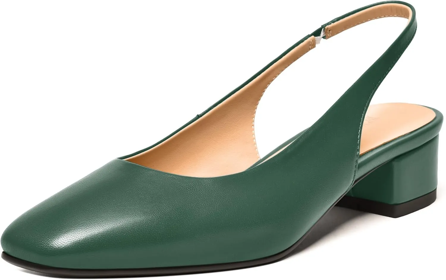 FEMSTEP Womens Square Toe Slingback Matte Leather Chunky Low Heel Pumps Shoes 1.5 Inch