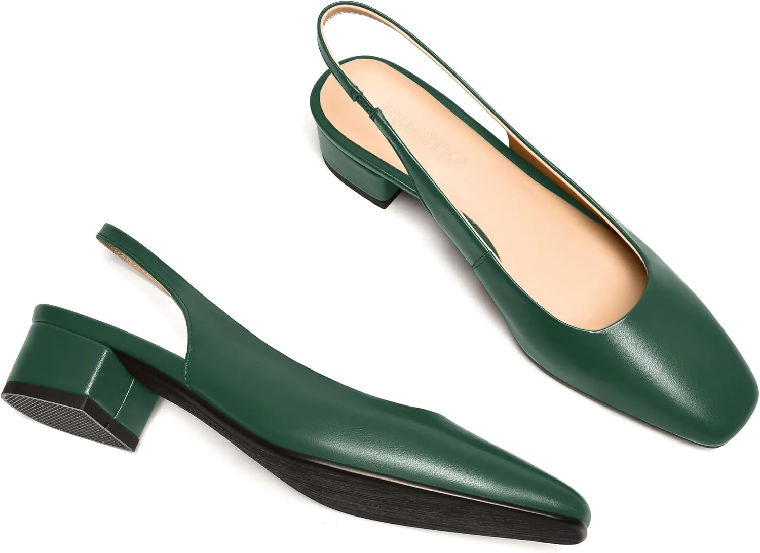 FEMSTEP Womens Square Toe Slingback Matte Leather Chunky Low Heel Pumps Shoes 1.5 Inch