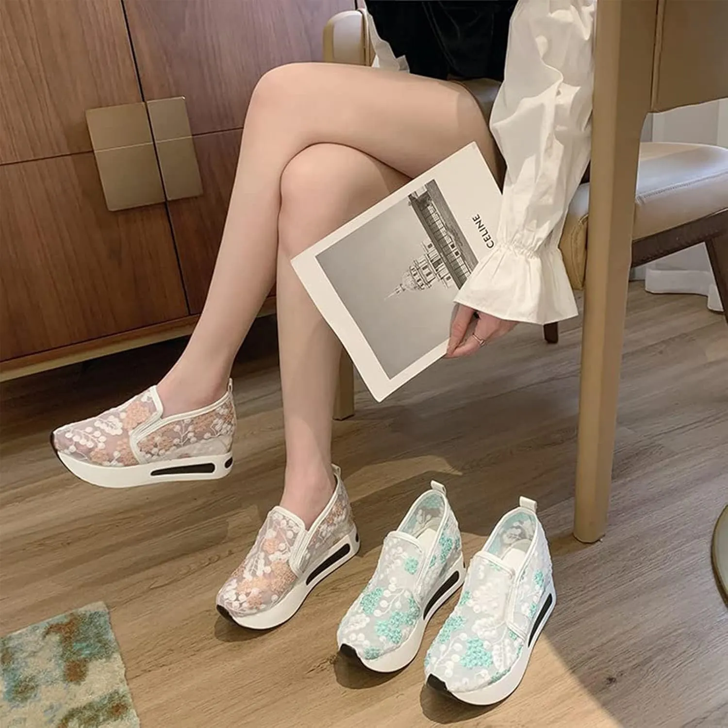 Floral Embroidery Breathable Sheer Mesh Sneakers, 2023 Spring Lace Mesh Casual Shoes, Floral Embroidery Sheer Mesh Sneakers for Women (US 7,White)