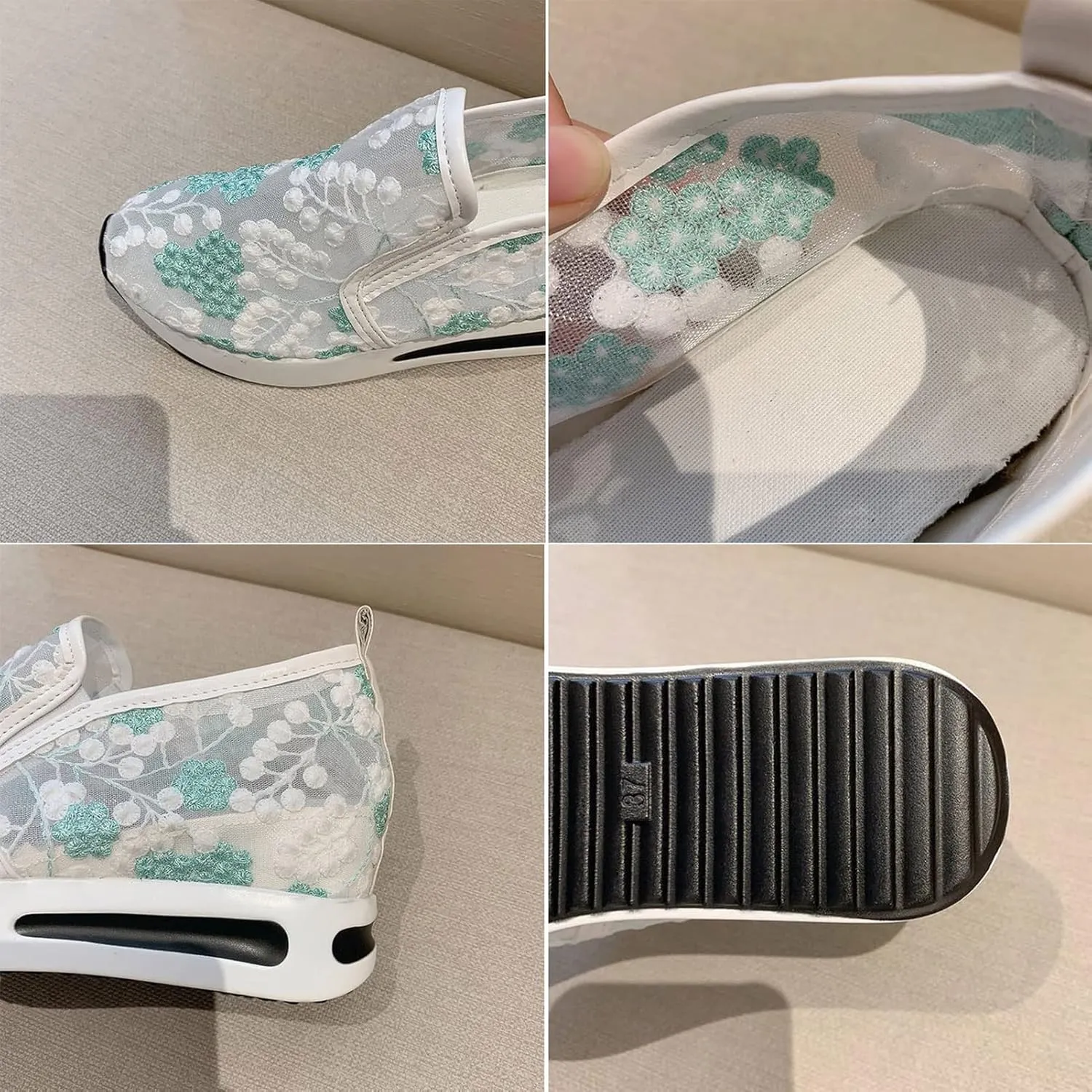 Floral Embroidery Breathable Sheer Mesh Sneakers, 2023 Spring Lace Mesh Casual Shoes, Floral Embroidery Sheer Mesh Sneakers for Women (US 7,White)