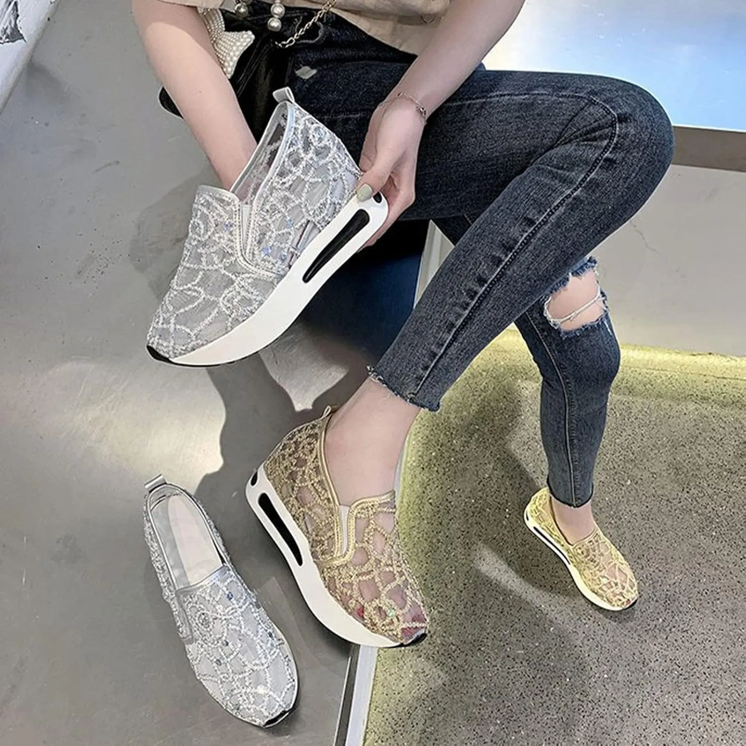 Floral Embroidery Breathable Sheer Mesh Sneakers, 2023 Spring Lace Mesh Casual Shoes, Floral Embroidery Sheer Mesh Sneakers for Women (US 7,White)