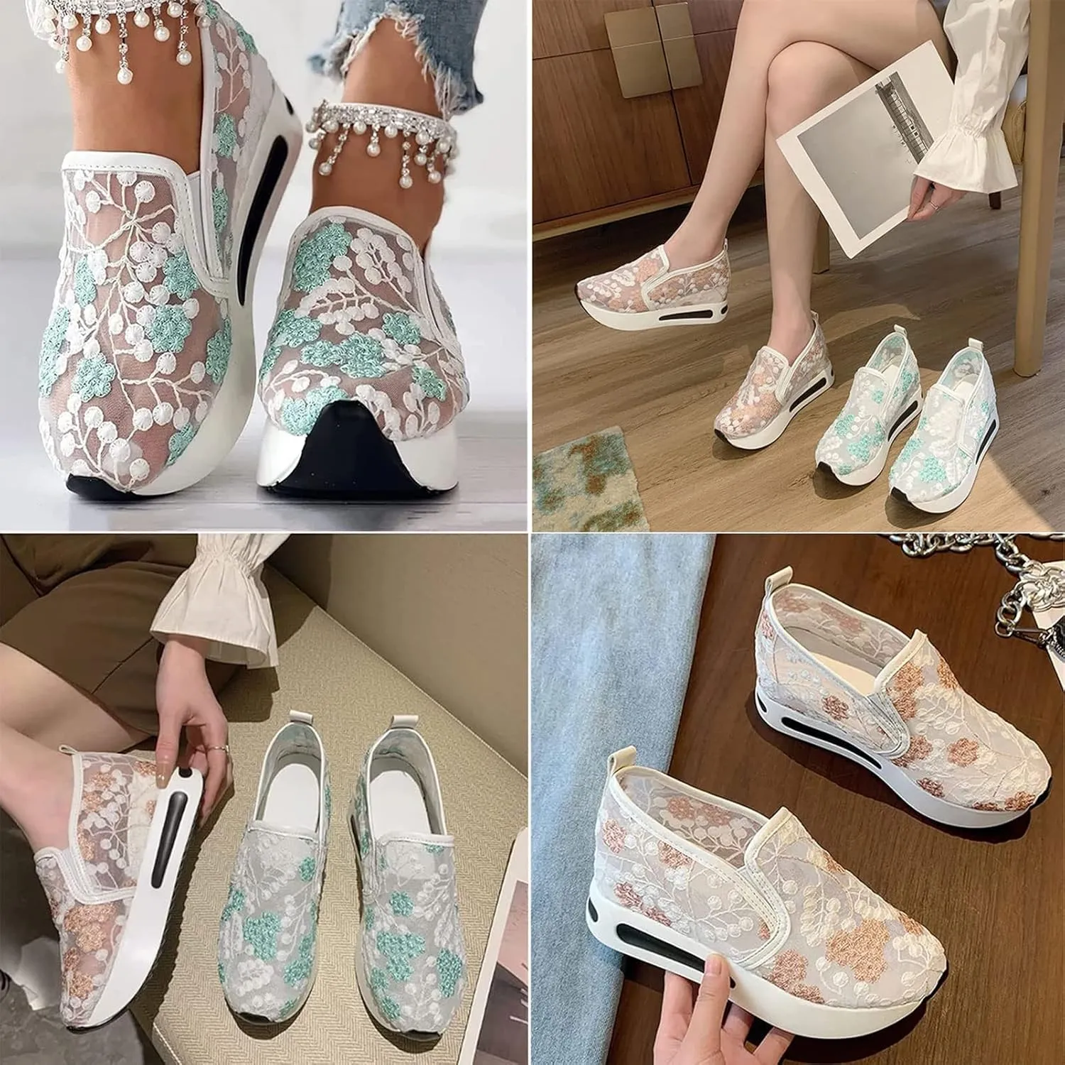 Floral Embroidery Breathable Sheer Mesh Sneakers, 2023 Spring Lace Mesh Casual Shoes, Floral Embroidery Sheer Mesh Sneakers for Women (US 7,White)