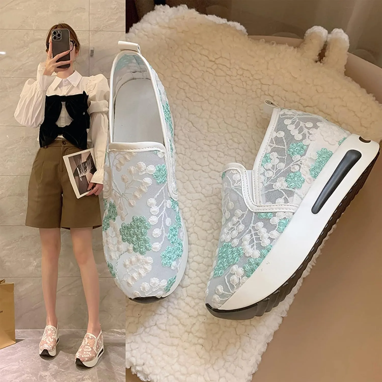 Floral Embroidery Breathable Sheer Mesh Sneakers, 2023 Spring Lace Mesh Casual Shoes, Floral Embroidery Sheer Mesh Sneakers for Women (US 7,White)