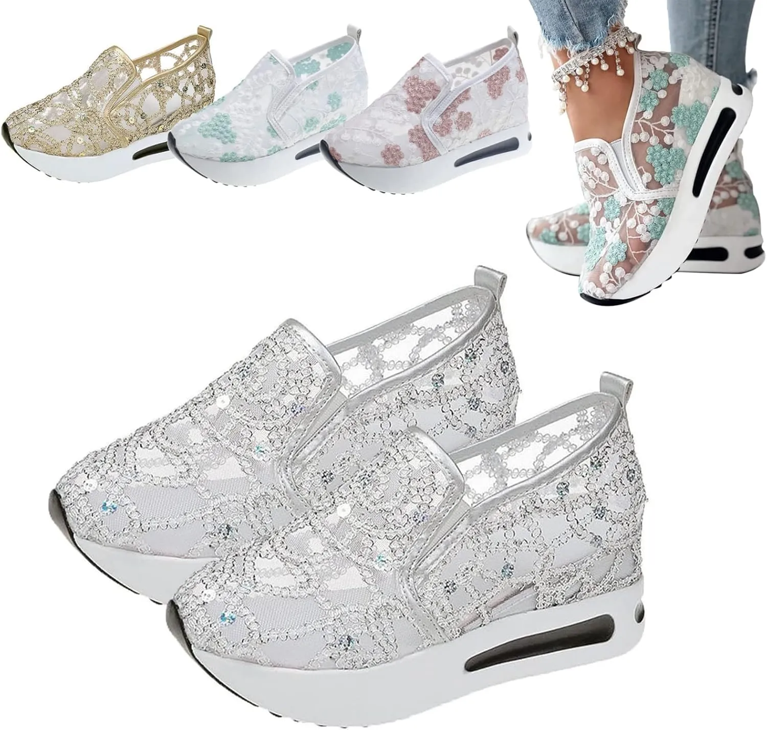 Floral Embroidery Breathable Sheer Mesh Sneakers, 2023 Spring Lace Mesh Casual Shoes, Floral Embroidery Sheer Mesh Sneakers for Women (US 7,White)