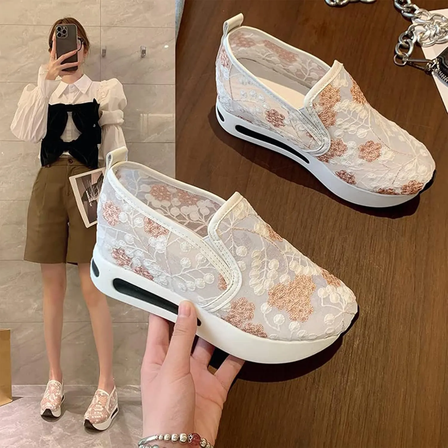 Floral Embroidery Breathable Sheer Mesh Sneakers, 2023 Spring Lace Mesh Casual Shoes, Floral Embroidery Sheer Mesh Sneakers for Women (US 7,White)