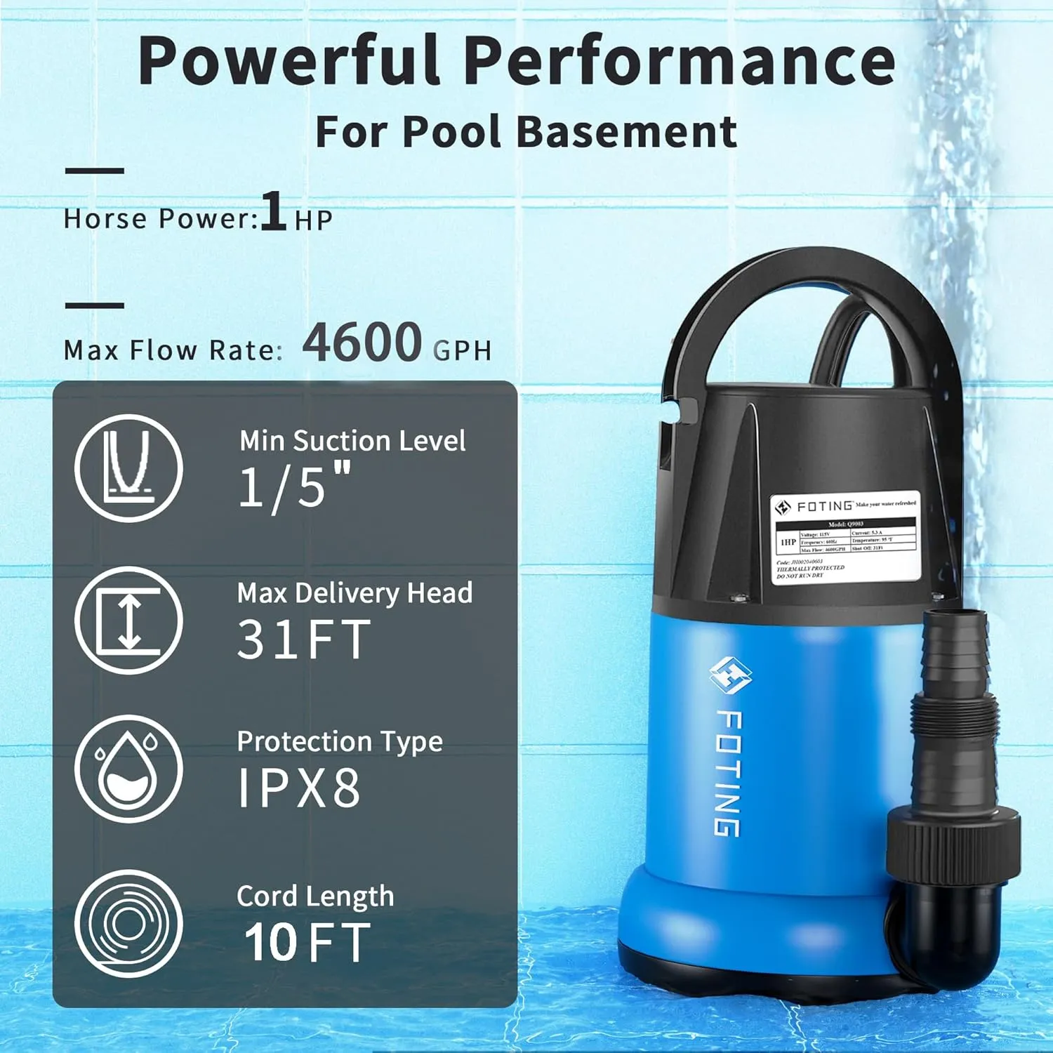 FOTING Sump Pump 1HP Clean/Dirty Submersible Water Pump, 4600GPH Utility Pump Thermoplastic Electric Portable Transfer Water Pump for Swimming Pool Garden Pond Basement with 10ft Long Power Cord
